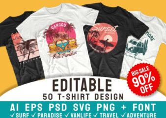 50 Editable surfing paradise t-shirt design vector bundle. Surf, travel, adventure and van life. T shirt designs pack collection. ai eps psd svg png file