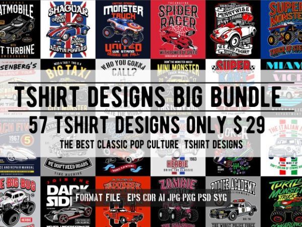 57 Tshirt Retro Pop Culture Designs Bundle