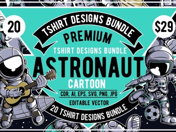 20 Astronaut Cartoon Tshirt Designs Bundle