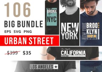 106 Urban street t-shirt design vector bundle. New York city, california, los angeles, the bronx, t shirt designs pack collection. Eps svg png