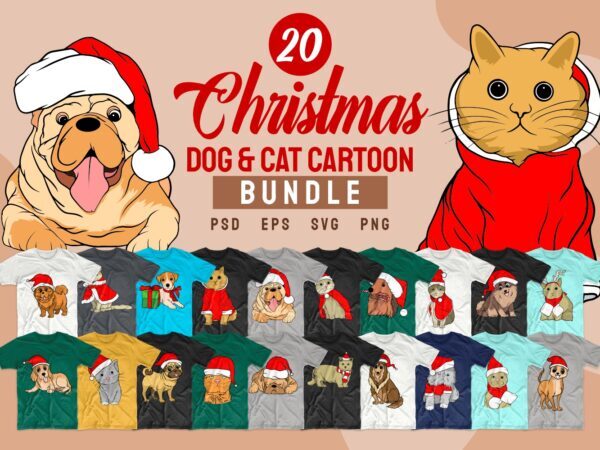 Christmas dog and cat t shirt designs cartoon bundle svg. Christmas bundle t-shirt design. Cartoon bundles svg png psd. Christmas T shirt design vector