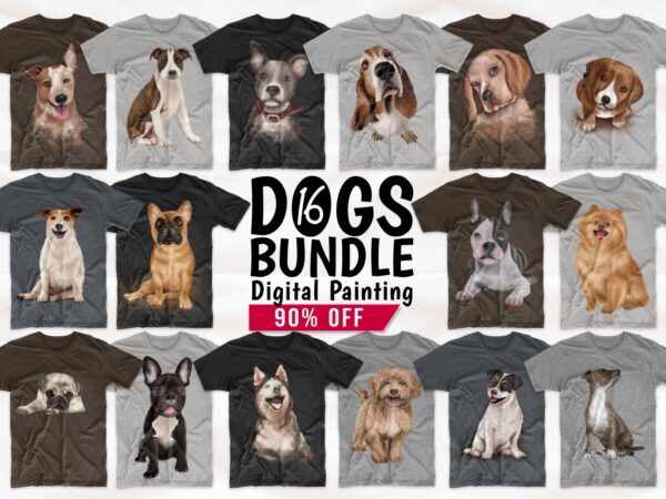 Dogs T shirt Designs Bundle Realistic Digital Painting. Funny Dog Png Collection T-shirt Design. Cute Pug, Canine, Husky, and more