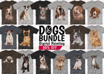 Dogs T shirt Designs Bundle Realistic Digital Painting. Funny Dog Png Collection T-shirt Design. Cute Pug, Canine, Husky, and more