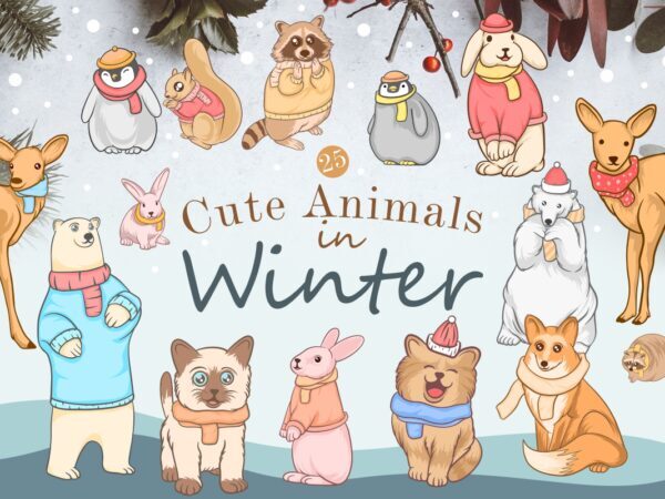 Cute animals in winter bundle, Winter animal cartoon illustration bundle, Fun winter animal, Animal wearing a scarf, animals wear clothes, t shirt vector file