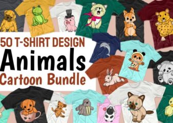 50 Animals Bundle T-shirt Designs Bundle, Cute Animal Illustration, Vector Cartoon bundle